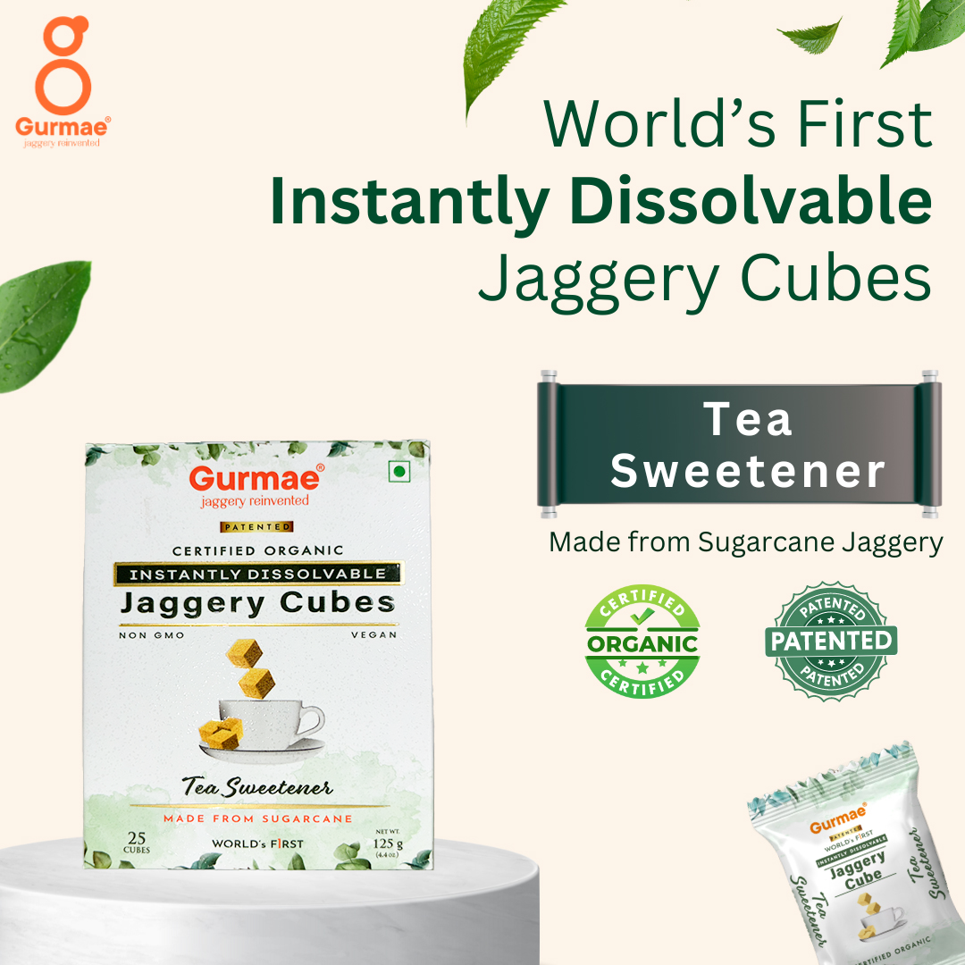 Gurmae Organic Instantly Dissolvable Jaggery Cubes Pure Gur/Gud Tea Sweetener, Healthy Sugar Substitute, 100% Organic and Travel-Friendly (Pack of 25 Cubes)