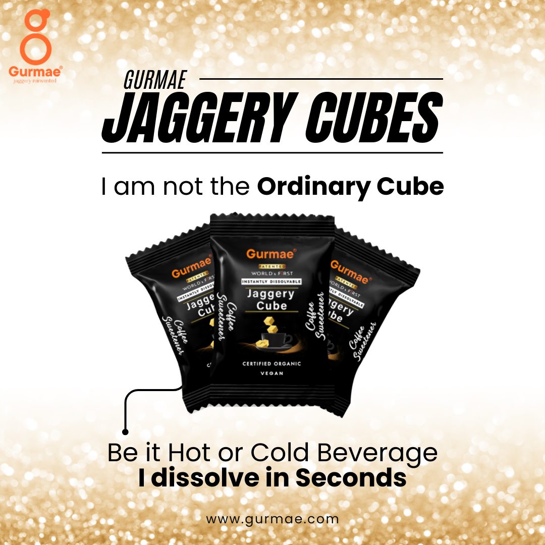 Gurmae Organic Instantly Dissolvable Jaggery Cubes Pure Gur/Gud Tea Sweetener, Healthy Sugar Substitute, 100% Organic, Travel-Friendly (Pack of 6 Cubes)