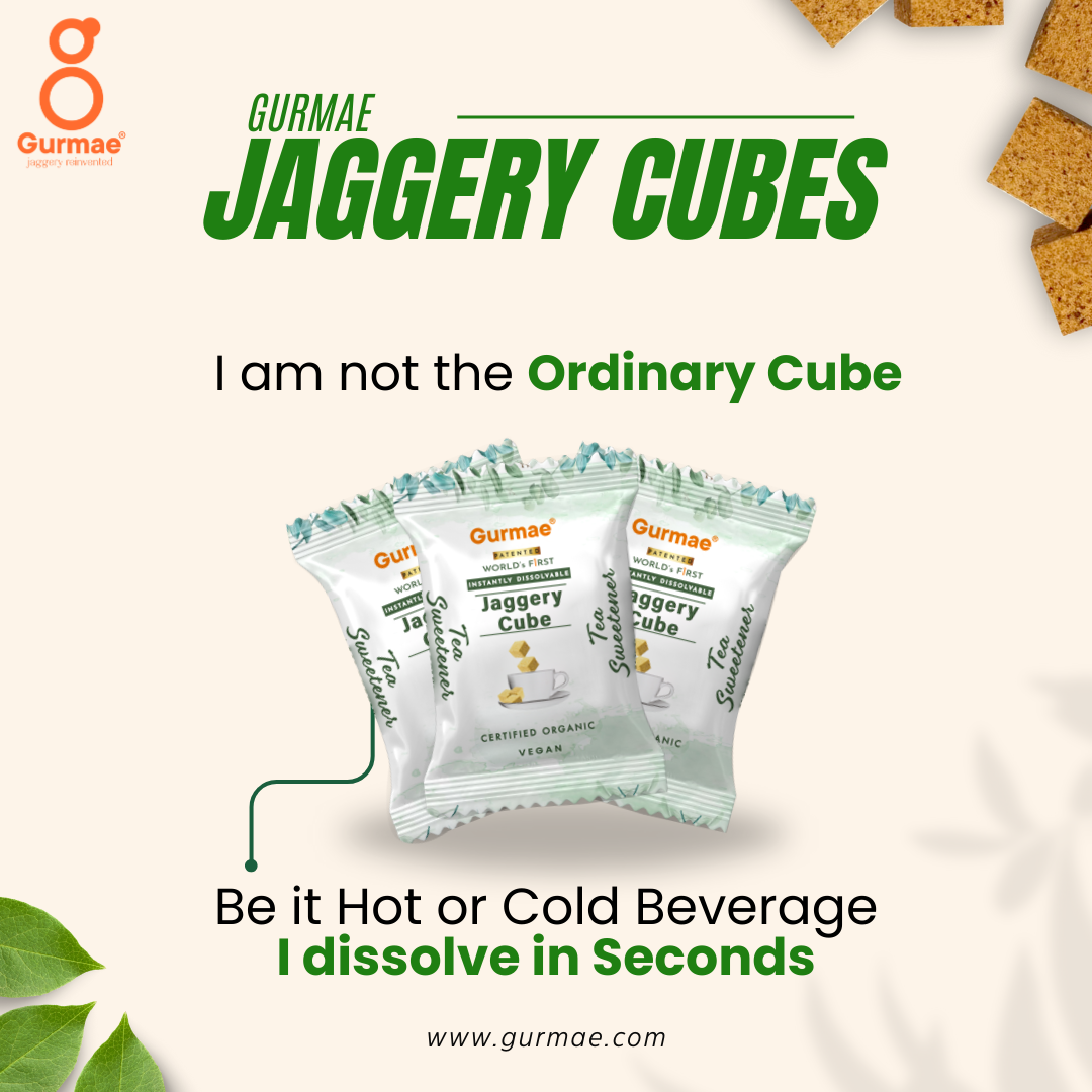 Gurmae Organic Instantly Dissolvable Jaggery Cubes Pure Gud Tea Sweetener, Healthy Sugar Substitute, 100% Organic, Travel-Friendly (Pack of 6 Cubes)