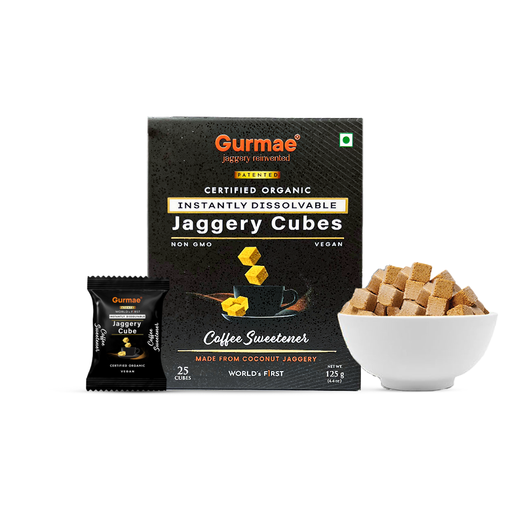 Gurmae Organic Instantly Dissolvable Jaggery Cubes Gur/Gud Healthy Sugar Subsitute 100% Organic Travel Friendly Pure and Natural (Coffee Sweetener) (50 Cubes)