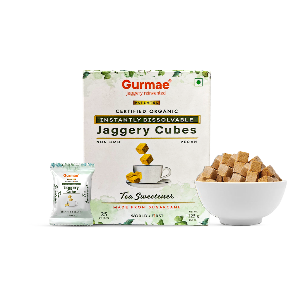 Gurmae Organic Instantly Dissolvable Jaggery Cubes Pure Gur/Gud Tea Sweetener, Healthy Sugar Substitute, 100% Organic and Travel-Friendly (Pack of 25 Cubes)