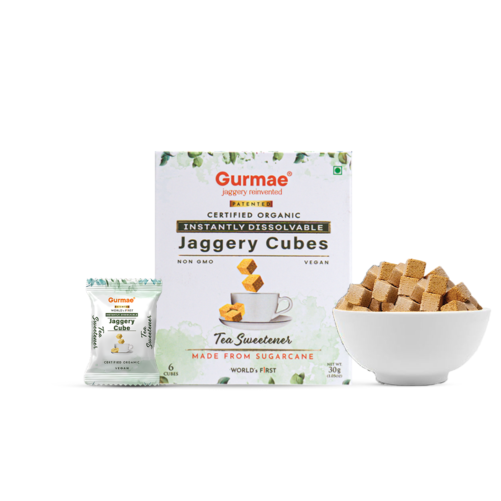 Gurmae Organic Instantly Dissolvable Jaggery Cubes Pure Gud Tea Sweetener, Healthy Sugar Substitute, 100% Organic, Travel-Friendly (Pack of 6 Cubes)