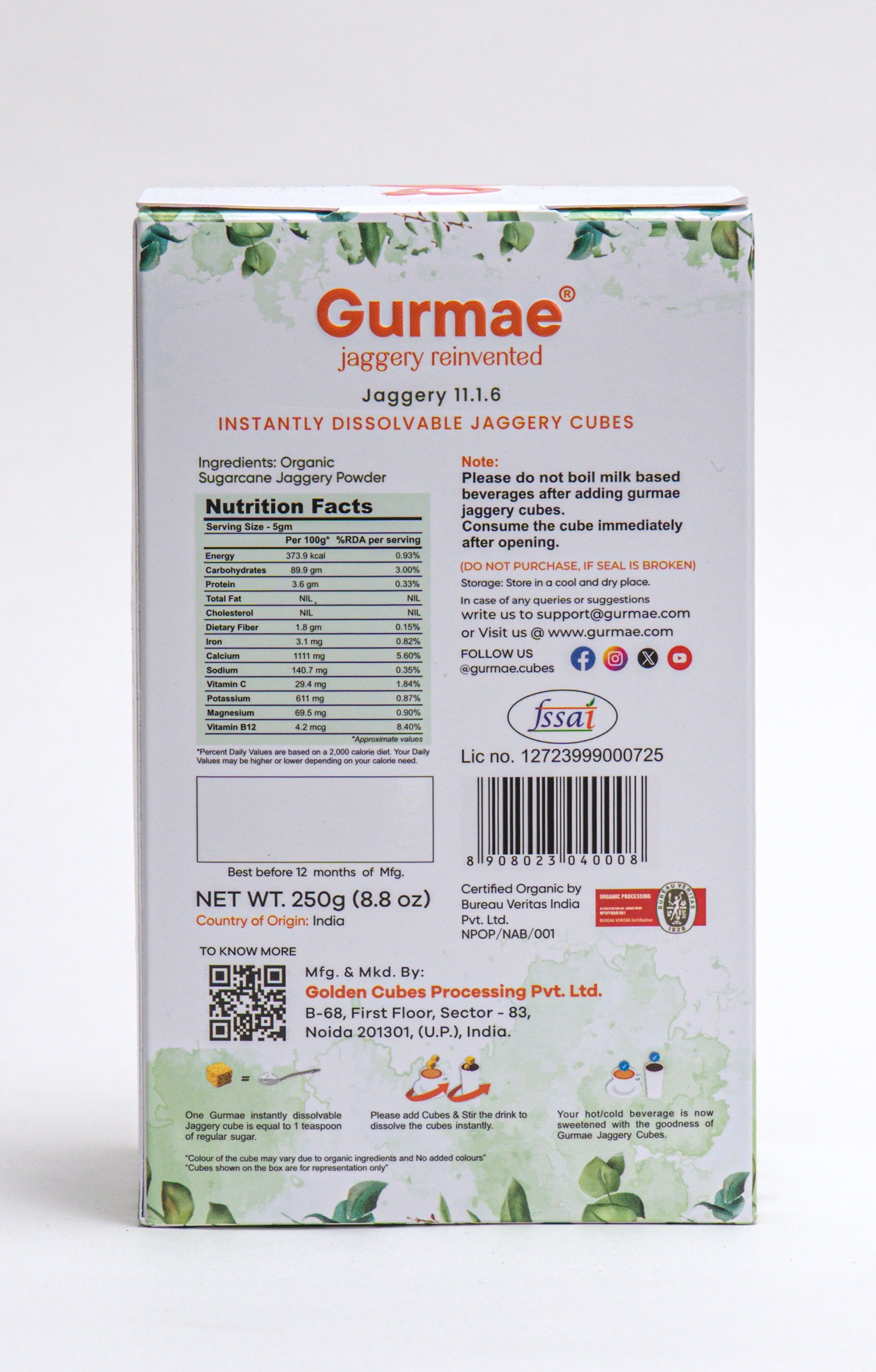 Gurmae Organic Instantly Dissolvable Jaggery Cubes Tea Sweetener Healthy Sugar Subsitute 100% Organic Travel Friendly Gur/Gud (50 Cubes)