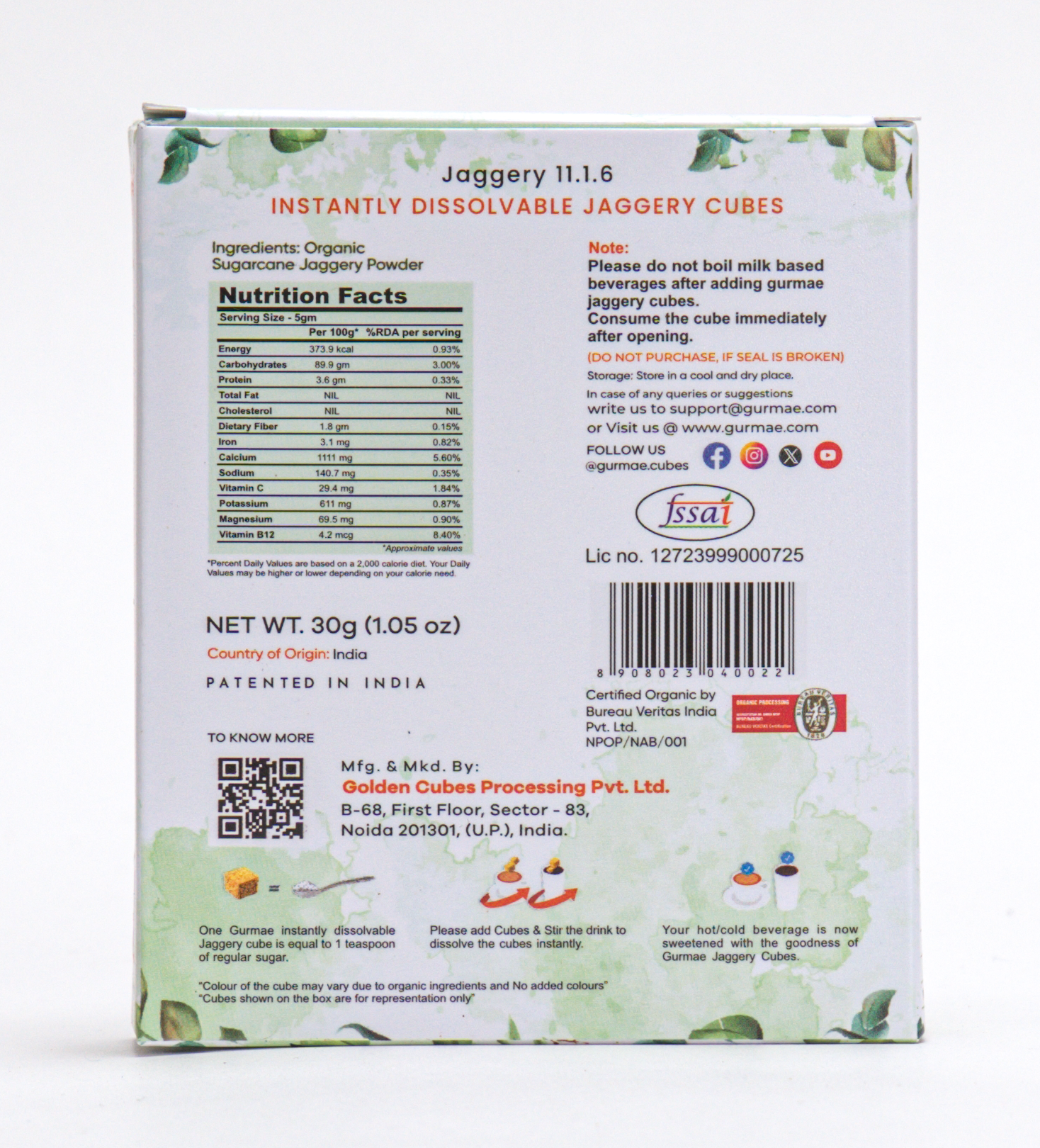 Gurmae Organic Instantly Dissolvable Jaggery Cubes Pure Gud Tea Sweetener, Healthy Sugar Substitute, 100% Organic, Travel-Friendly (Pack of 6 Cubes)