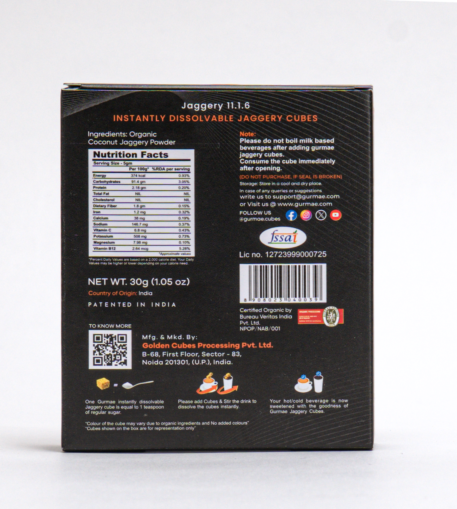 Gurmae Organic Instantly Dissolvable Jaggery Cubes Pure Gur/Gud Tea Sweetener, Healthy Sugar Substitute, 100% Organic, Travel-Friendly (Pack of 6 Cubes)