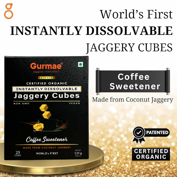 Gurmae Organic Instantly Dissolvable Jaggery Cubes Gur/Gud Healthy Sugar Subsitute 100% Organic Travel Friendly Pure and Natural (Coffee Sweetener) (50 Cubes)