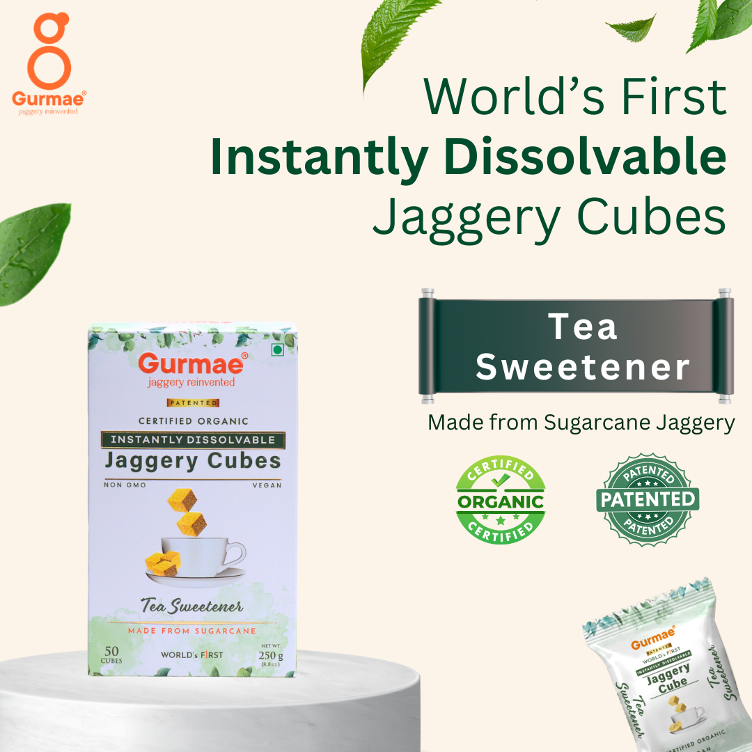 Gurmae Organic Instantly Dissolvable Jaggery Cubes Tea Sweetener Healthy Sugar Subsitute 100% Organic Travel Friendly Gur/Gud (50 Cubes)