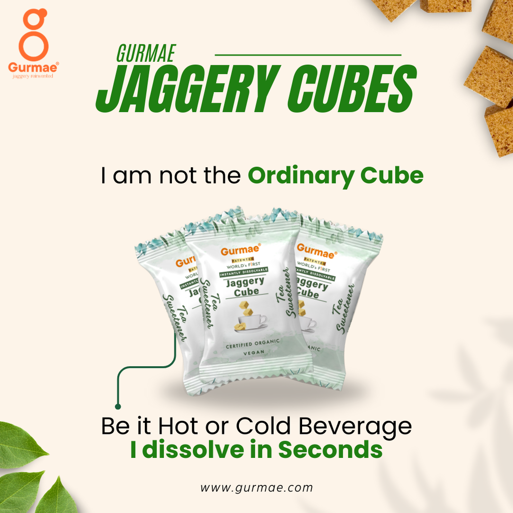Gurmae Organic Instantly Dissolvable Jaggery Cubes Pure Gud Tea Sweetener, Healthy Sugar Substitute, 100% Organic, Travel-Friendly (Pack of 6 Cubes)