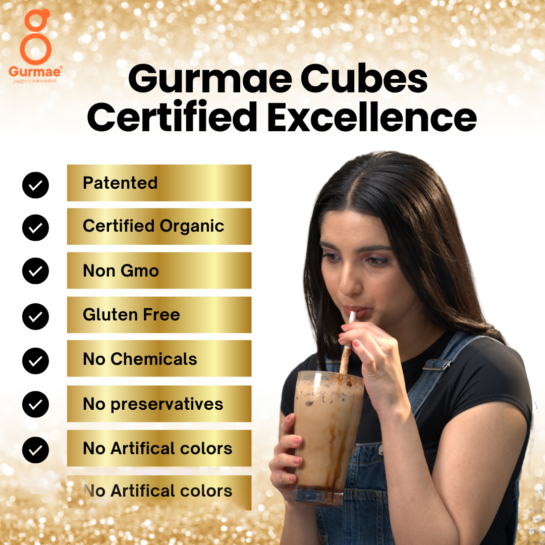 Gurmae Organic Instantly Dissolvable Jaggery Cubes Gur/Gud Healthy Sugar Subsitute 100% Organic Travel Friendly Pure and Natural (Coffee Sweetener) (50 Cubes)
