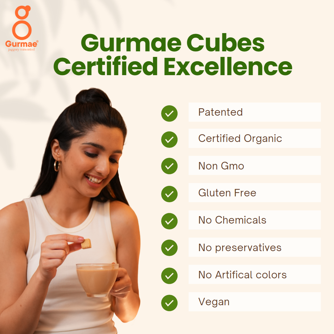 Gurmae Organic Instantly Dissolvable Jaggery Cubes Tea Sweetener Healthy Sugar Subsitute 100% Organic Travel Friendly Gur/Gud (50 Cubes)