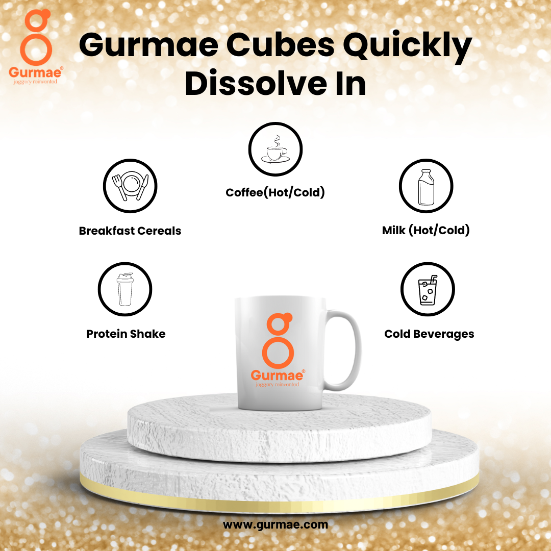 Gurmae Organic Instantly Dissolvable Jaggery Cubes Coffee Sweetener Gur/Gud Healthy Sugar Subsitute 100% Organic Travel Friendly Pure and Natural (25 Cubes)