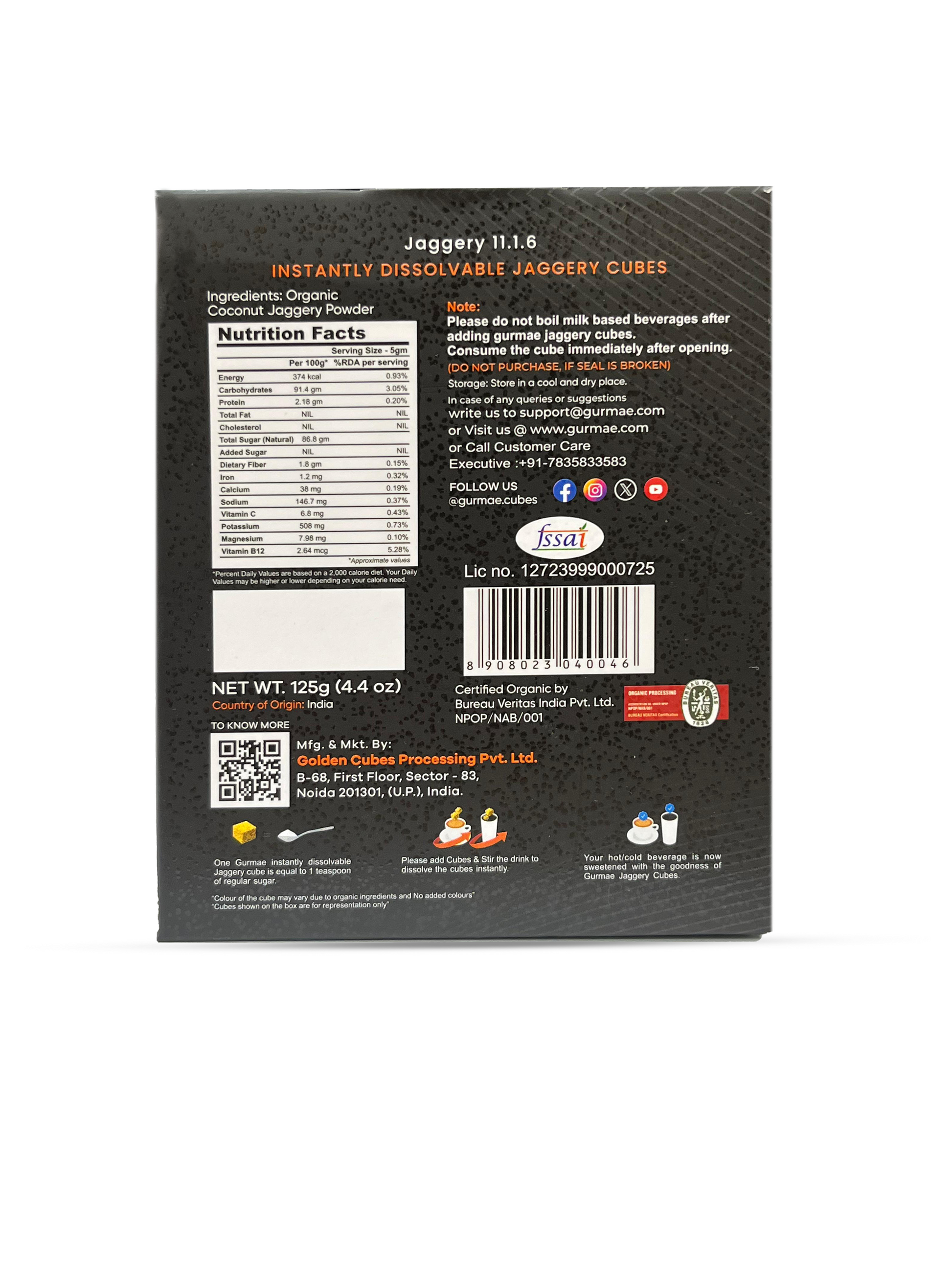 Gurmae Organic Instantly Dissolvable Jaggery Cubes Coffee Sweetener Gur/Gud Healthy Sugar Subsitute 100% Organic Travel Friendly Pure and Natural (25 Cubes)