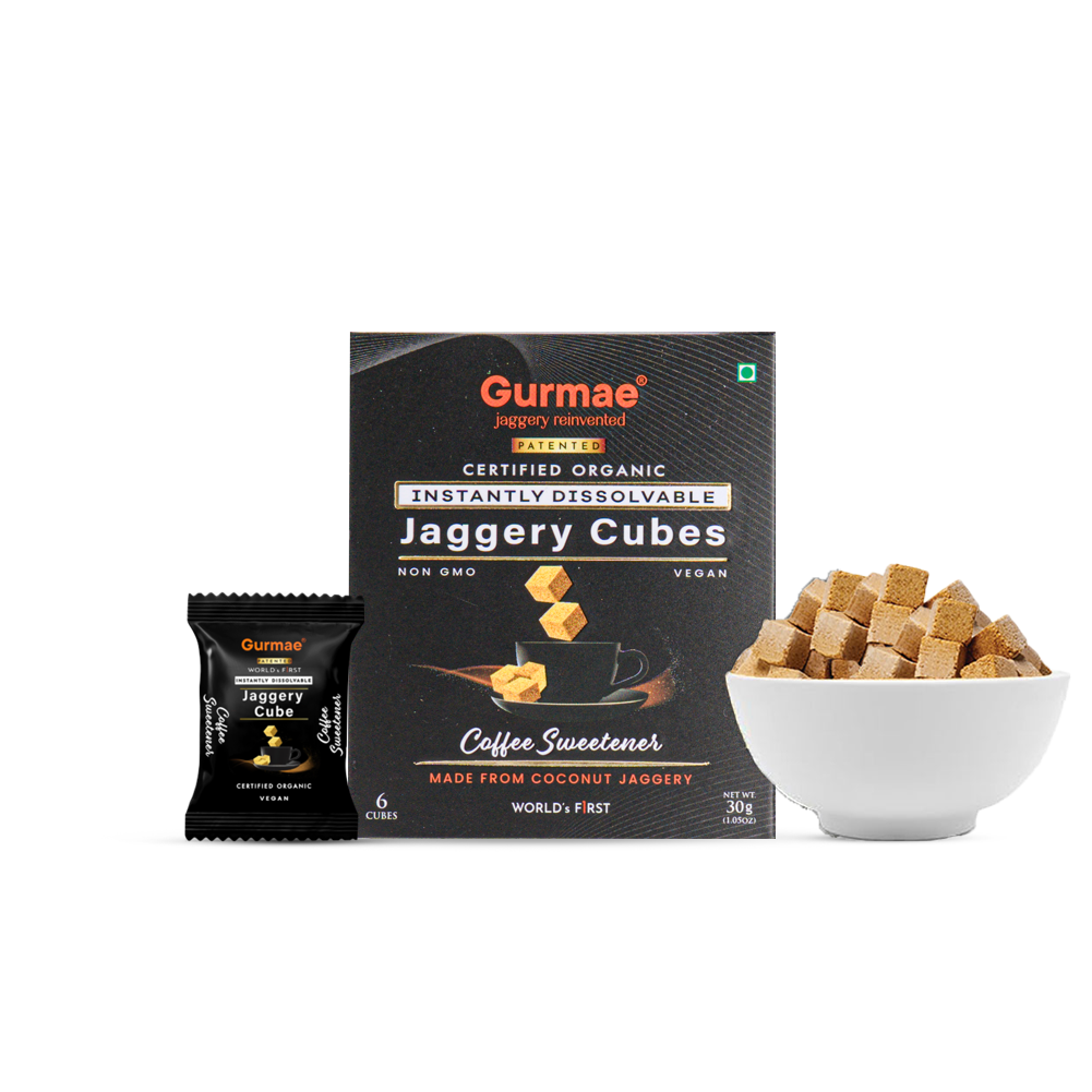 Gurmae Organic Instantly Dissolvable Jaggery Cubes Pure Gur/Gud Tea Sweetener, Healthy Sugar Substitute, 100% Organic, Travel-Friendly (Pack of 6 Cubes)