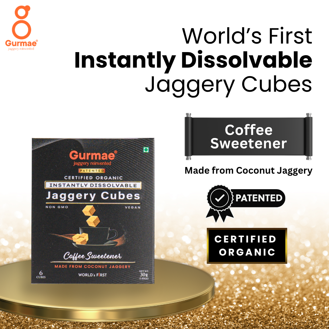 Gurmae Organic Instantly Dissolvable Jaggery Cubes Pure Gur/Gud Tea Sweetener, Healthy Sugar Substitute, 100% Organic, Travel-Friendly (Pack of 6 Cubes)