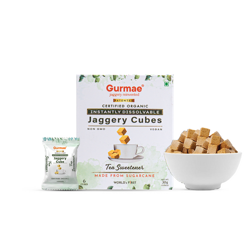 Gurmae Organic Instantly Dissolvable Jaggery Cubes Pure Gud Tea Sweetener, Healthy Sugar Substitute, 100% Organic, Travel-Friendly (Pack of 6 Cubes)