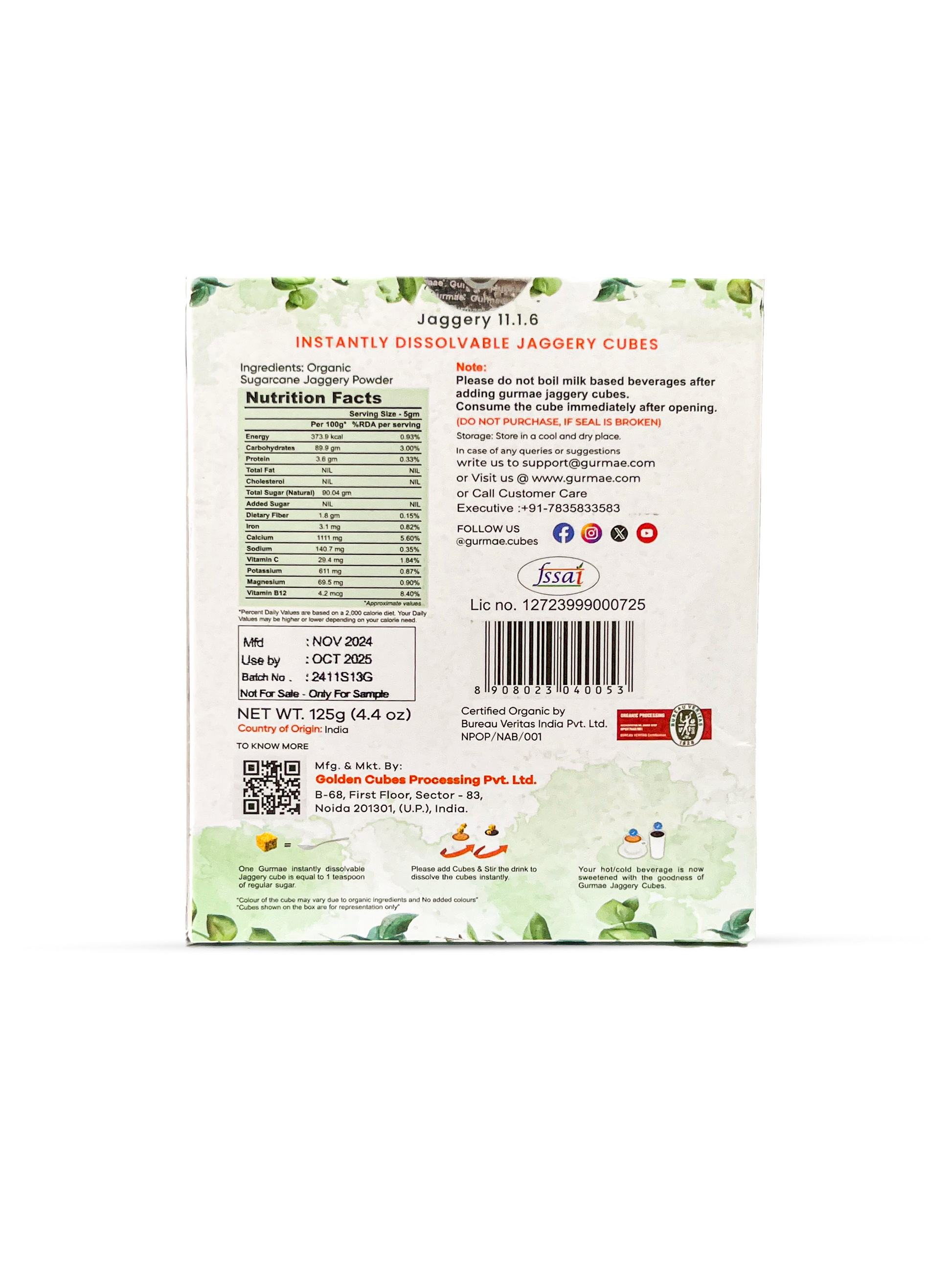 Gurmae Organic Instantly Dissolvable Jaggery Cubes Pure Gur/Gud Tea Sweetener, Healthy Sugar Substitute, 100% Organic and Travel-Friendly (Pack of 25 Cubes)