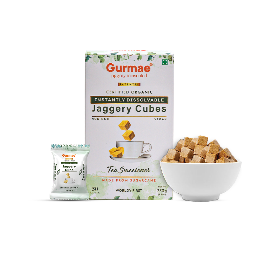 Gurmae Organic Instantly Dissolvable Jaggery Cubes Tea Sweetener Healthy Sugar Subsitute 100% Organic Travel Friendly Gur/Gud (50 Cubes)